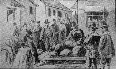 Giles Corey being pressed to death by the citizens of Salem. The image of course is flawed as he was naked when the townsfolk decided on the evenings entertainment.