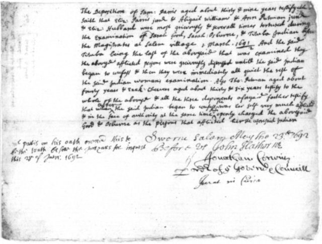 Poor screen shot of poor online image from court documents of Salem Witch trials, this particular document has Ezekiel's name.