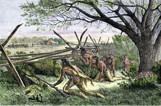 native-americans-preparing-to-attack-a-white-settlers-home-adw8h7